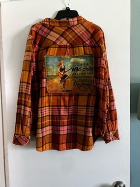 Boho Flannel -Orange Pink Plaid Flannel Shirt with Graphic Back Patch